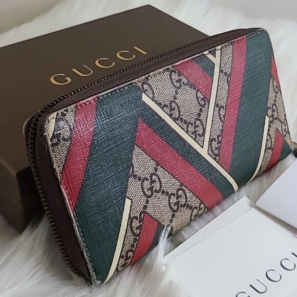 💯Authentic Gucci Round Zip Long Wallet GG Chevron Beige Green Red🍀 - Picture 12 of 16